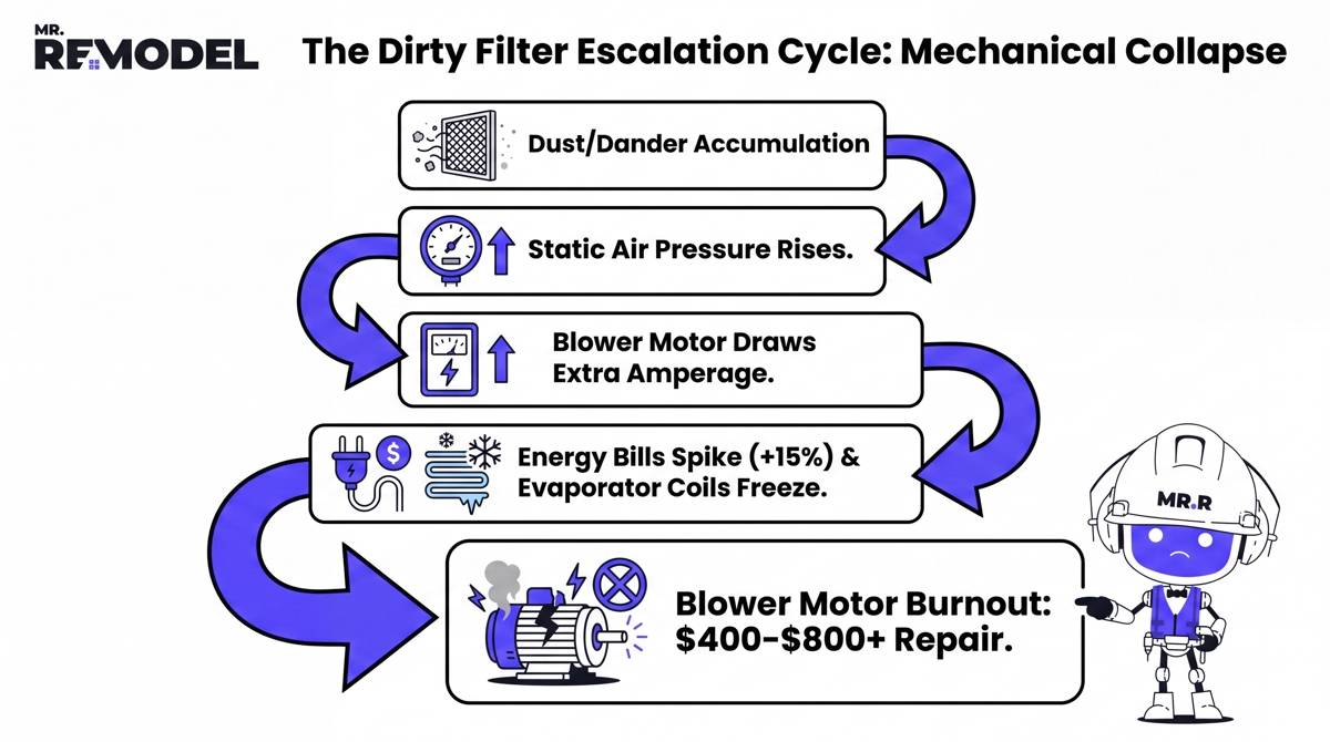 An infographic flowchart that maps the 5-step mechanical collapse. It starts with "1. Dust Accumulation" and progresses through "3. Blower Motor Over-Amperage," leading to a graphic "flash/bang" icon at "5. Blower Motor Burnout ($400-$800 Repair)." It uses an orange-to-red color gradient to indicate escalating risk.